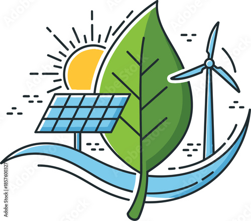 Illustration representing renewable energy sources like solar power, wind turbines, and natural growth advocating for a clean sustainable environment concept.