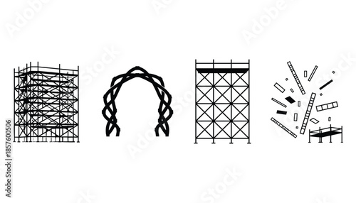 Scaffolding structure silhouettes for construction site and architectural renovation vector elements.