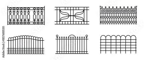 Set of Balcony Railing Designs, Vintage and Modern Home Facade with Steel and Wrought Iron Balustrade, Terrace Fence and Private Entrance Architecture