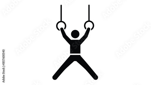 A minimalist depiction of a gymnast performing a pose on hanging gymnastic rings
