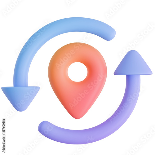 3D Rendered Cute Pastel Blue Arrow Circle with Orange Map Pin Marker for Route Loop and Location Concept