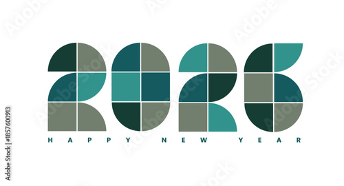 Geometric Happy New Year flat trendy design of 2026. Happy New Year 2026 colorful typography design with geometric shapes