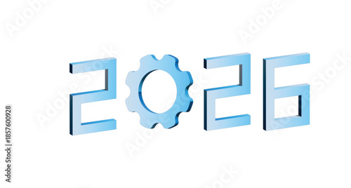 2026 modern text effect with gear symbol in blue color. A professional corporate business background design showcasing a clean and modern aesthetic for year end reviews and presentations