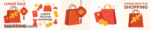 Festive lunar shopping illustration with shopping bags. Vector, minimalist, illustration, icon set.