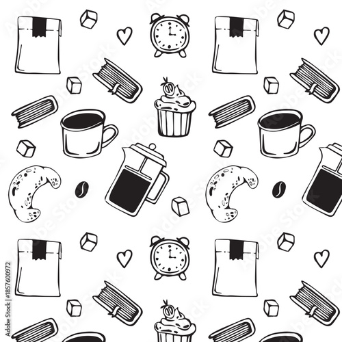 Seamless doodle pattern with coffee cup, french press, cupcake, croissant, and package. Breakfast, cafe, food concept. Vector illustration