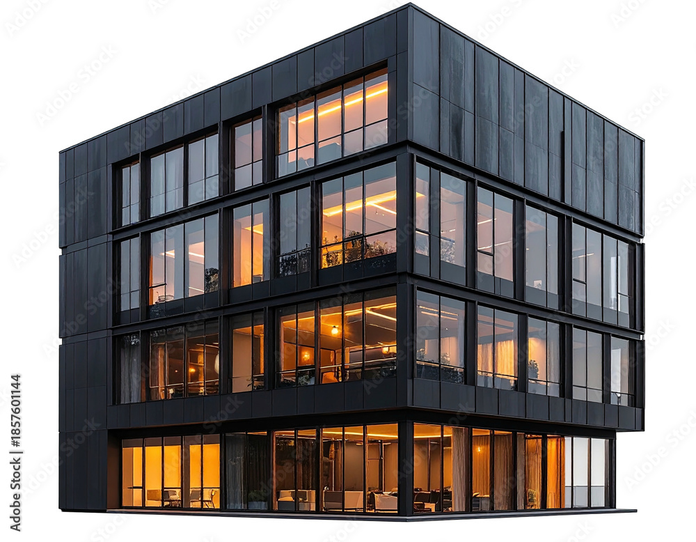 Fototapeta premium Modern, boxy, four-story building at twilight