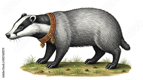 Illustration of a dignified badger wearing a decorative collar in a grassy field