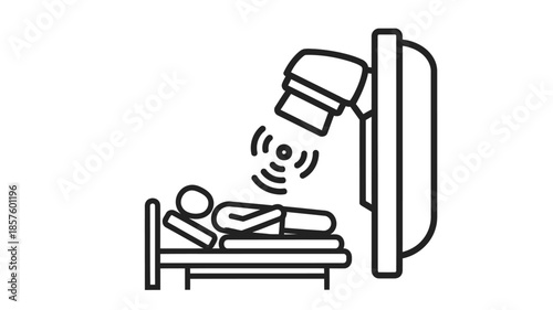Simple line drawing depicts a patient undergoing a medical scan with a scanning device