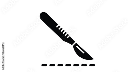 A simple black scalpel icon and dotted line symbolizing surgery or medical procedures