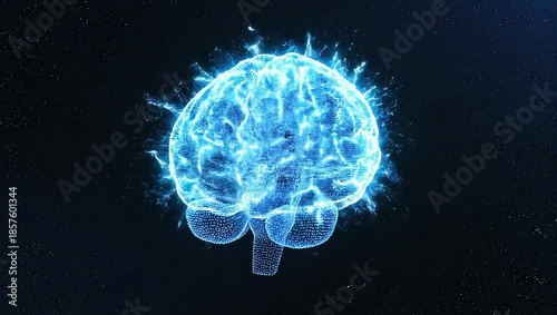 Artificial intelligence concept with glowing neural network nodes forming brain shape on dark blue background