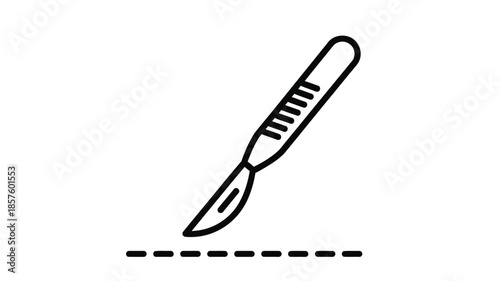 Simple black and white line drawing of a scalpel over a dashed line illustration