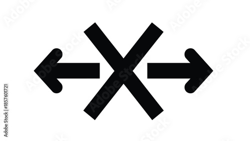 A simple black graphic depicting opposing arrows and a large x symbol