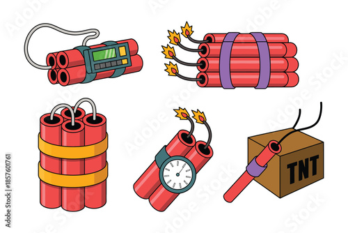 Red dynamite sticks bundle and vintage detonator box with plunger isolated on white background, 3D rendering of explosive TNT equipment for mining, demolition, or construction.
