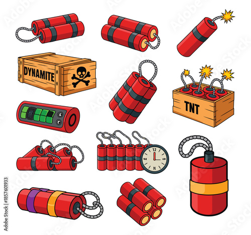Red dynamite sticks bundle and vintage detonator box with plunger isolated on white background, 3D rendering of explosive TNT equipment for mining, demolition, or construction.