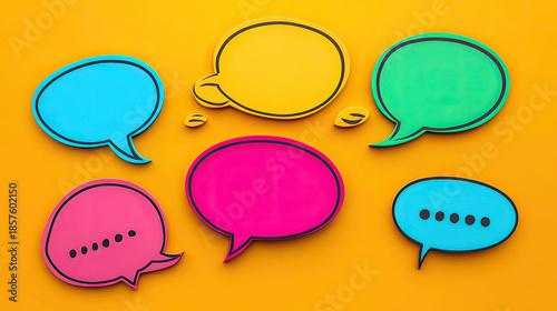 Colorful speech bubbles floating on a vibrant background, signifying conversation and communication AI Generative