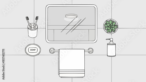 Bathroom interior design line art illustration with mirror and towel.