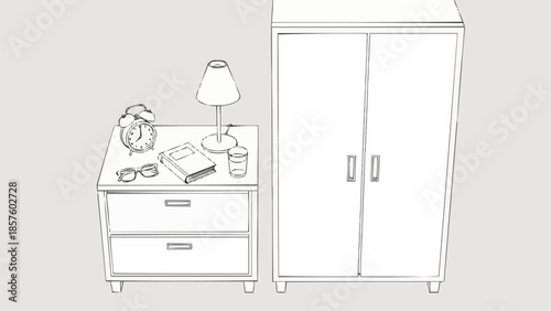 Bedroom furniture bedside table and wardrobe sketch.