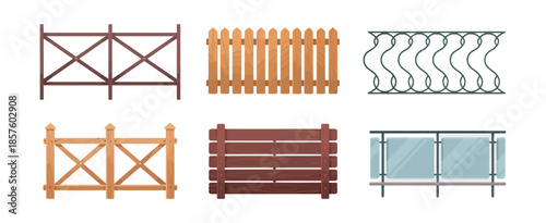 Set of Wood Balcony Railing Designs, Vintage and Modern Home Facade with Wooden, Glass and Stone Balustrade, Terrace Fence and Private Entrance Architecture