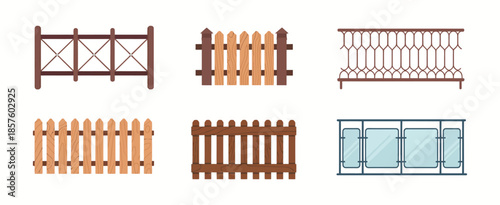 Set of Wood Balcony Railing Designs, Vintage and Modern Home Facade with Wooden, Glass and Stone Balustrade, Terrace Fence and Private Entrance Architecture