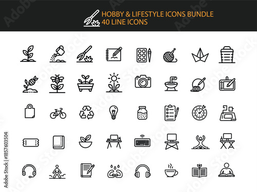 Hobby and lifestyle line icons collection on white background Keywords: hobby, lifestyle