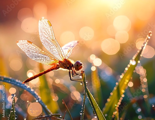 A dragonfly resting on dewy grass at sunrise