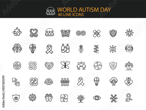 World Autism Day 40 Line Icons Collection Featuring Puzzle Pieces Brains Ribbons autism awareness