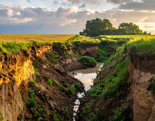 A dramatic landscape featuring a deep ravine filled with water and flanked by grassy slopes and a cultivated field. Golden sunlight bathes the scene