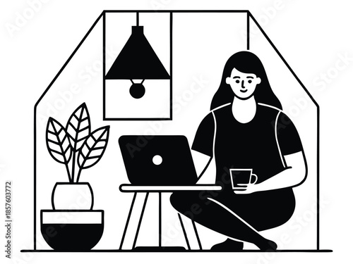 Woman working on laptop in cozy home office