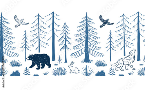 Seamless horizontal border vector with blue forest animal silhouettes and trees, hand drawn sketch of deer, wolf, bear, and fox isolated on white, repeating woodland nature pattern for design