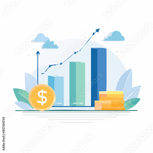 Dynamic business growth and financial success illustrated with an ascending bar chart and dollar currency, symbolizing investment prosperity and economic progress