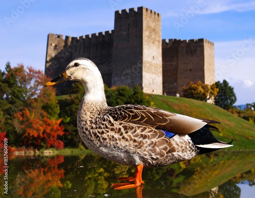 A duck near a medieval castle