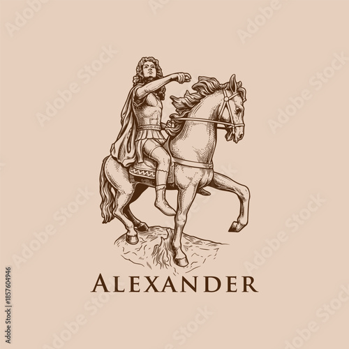 Alexander the Great on Horseback Ancient Warrior Vintage Engraving Vector Illustration