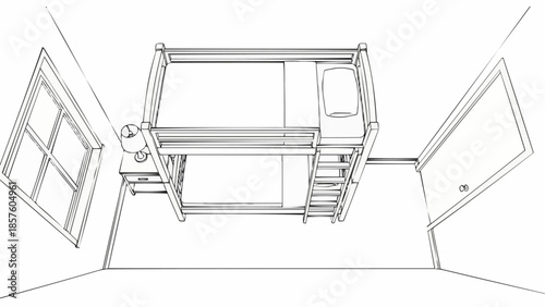 Bunk Bed Sketch in a Room with Windows and Nightstand.
