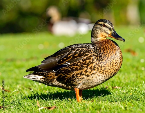 A duck on a grassy field