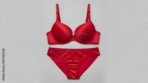 Vibrant red satin bra and matching panties set displayed on a neutral background, showcasing intimate apparel.