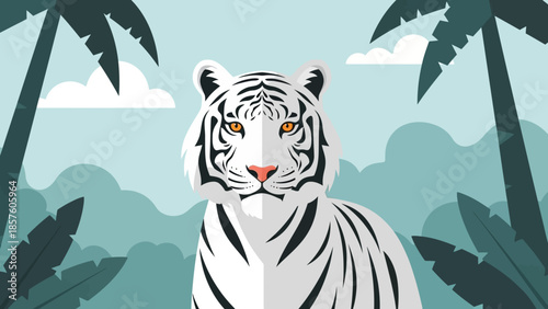 Majestic white tiger in a lush jungle environment.