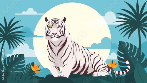 Majestic white tiger in a lush jungle setting under a full moon.