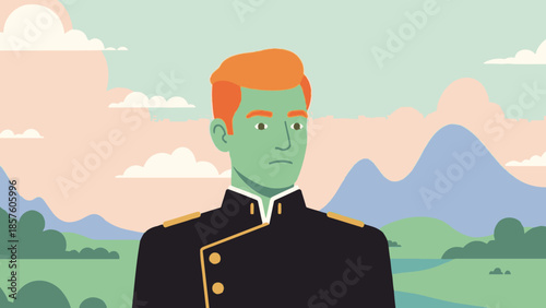 Man in uniform with red hair and green skin.