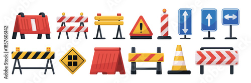 Traffic Road Repair Barriers Set, Safety Barricades and Roadblocks with Warning Signs, Construction Fences and Detour Alerts for City Street Repair Works