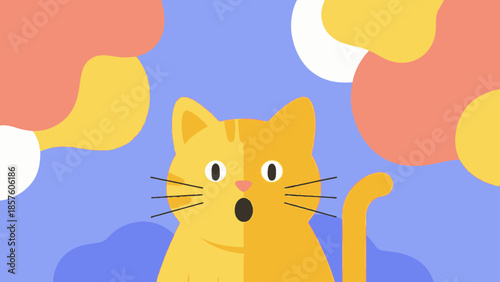 Surprised orange cat with wide eyes and open mouth looking at camera.