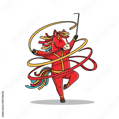 Cute red horse mascot vector dynamically performs rhythmic gymnastics with a flowing ribbon in vibrant colors.