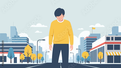 Young man standing alone in the middle of a city street looking down.