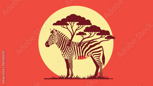 Zebra in African Savannah Landscape with Sunset.