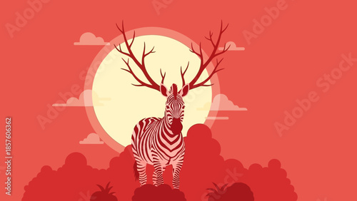 Zebra with Antlers Standing in a Surreal Red Landscape at Sunset.