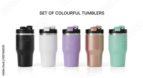 Five colorful insulated tumblers with black lids and silver accents travel
