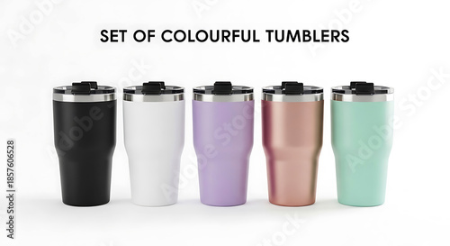 Five colorful insulated tumblers with black lids and silver rims drinkware