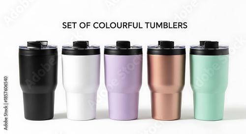 Five colorful insulated tumblers with black lids arranged in a row drinkware beverage