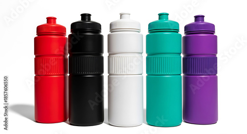 Five colorful plastic water bottles lined up in a row black