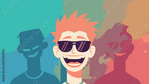 Happy man in sunglasses with two shadowy figures behind him, representing different emotions and personalities.