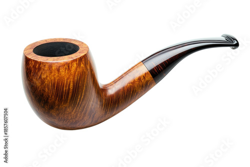 Brown wooden tobacco smoking pipe with curved stem, side view isolated on Transparent Background